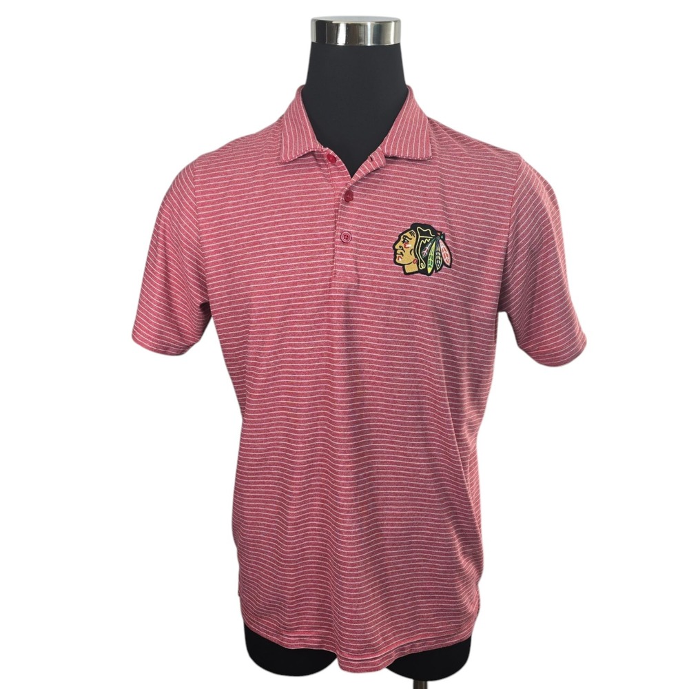 Antigua Chicago Blackhawks Polo‎ Mens Large Red Polyester Striped Logo NHL Shirt
